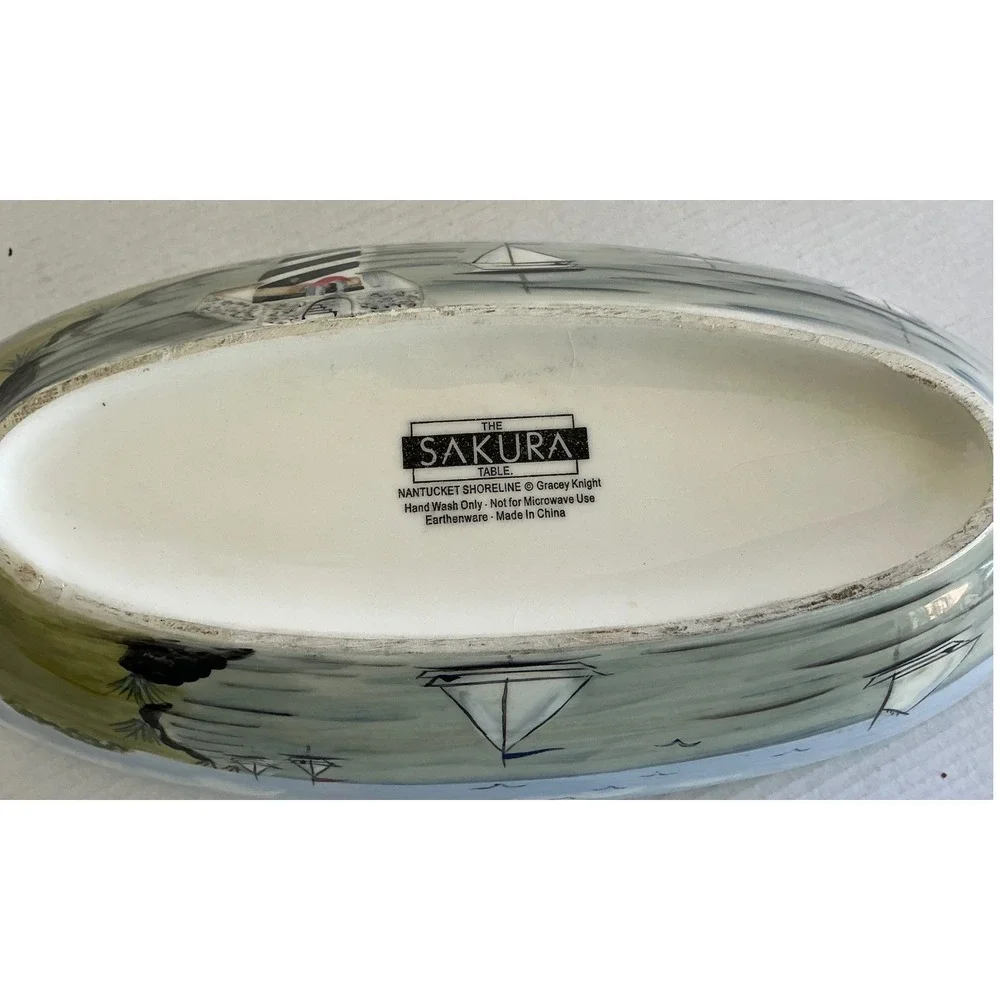 Sakura Nantucket Shoreline Oval Serving Bowl Sailboat Lighthouse Coastal‎ 12.5in